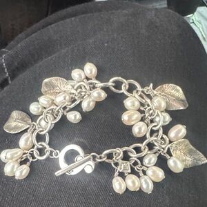 Silpada Silver Bracelet with Pearl and Leaf Charms